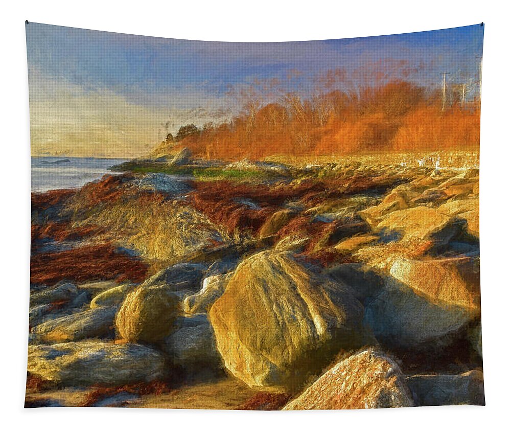 Rocks Tapestry featuring the photograph Sun, Rocks, and Sachuest Beach by Nancy De Flon