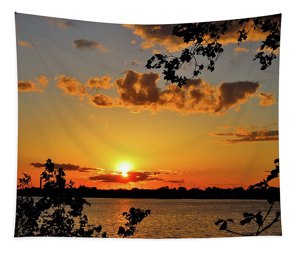 Sunset Tapestry featuring the photograph Sun Setting Over Philadelphia by Linda Stern