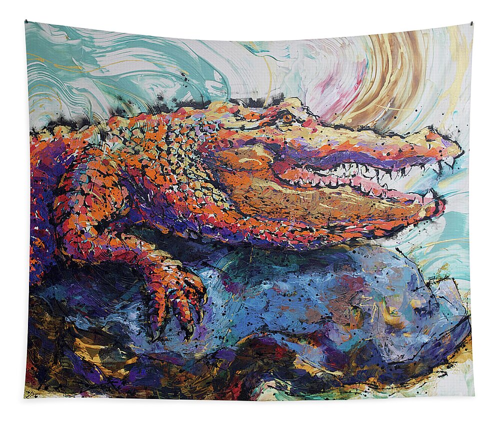 Alligator Tapestry featuring the painting Sunbathing Gator by Jyotika Shroff