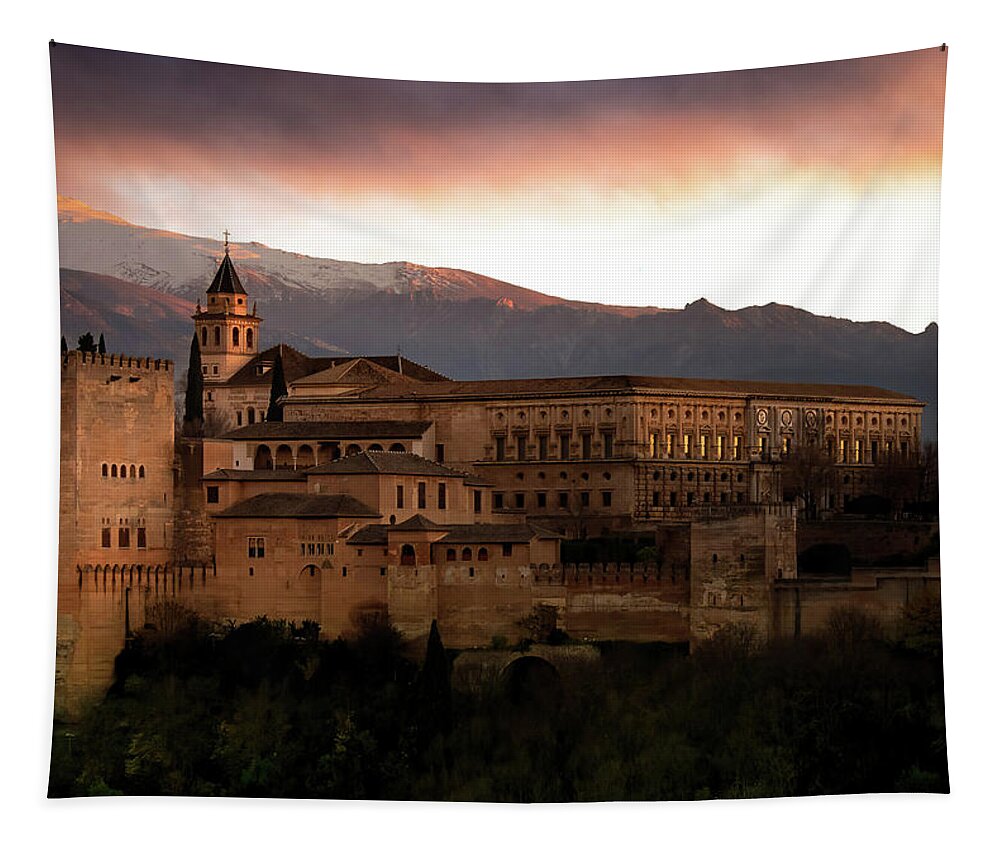 Alhambra Spain Tapestry featuring the photograph Sundown Over the Alhambra by Rebecca Herranen