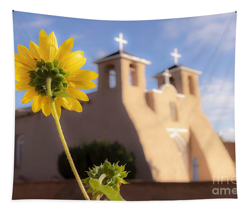 Taos Tapestry featuring the photograph Sunflower and the St Francis de Asis Church by Elijah Rael