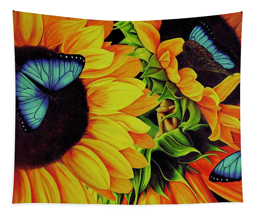 Kim Mcclinton Tapestry featuring the painting Blue Morpho Sunflower Dream by Kim McClinton