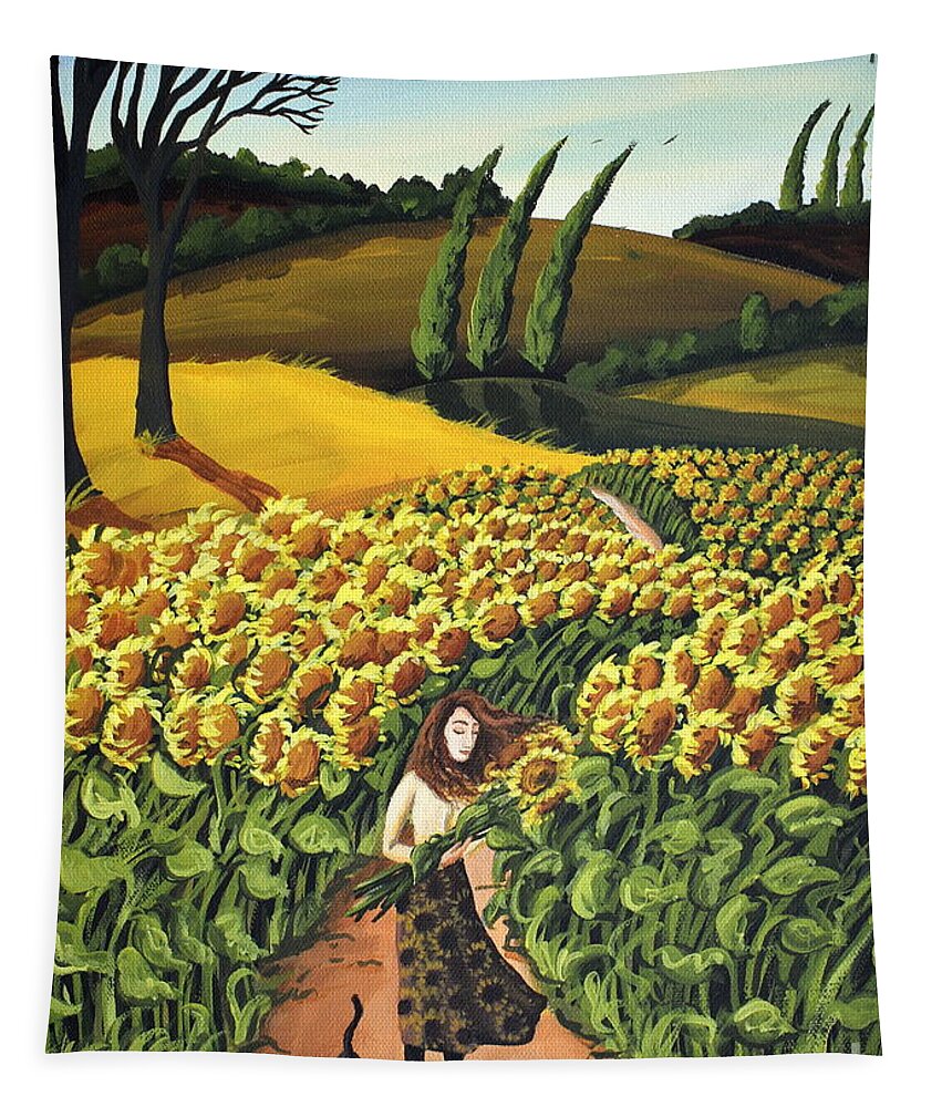 Italy Tapestry featuring the painting Sunflower Girl tuscany italy field by Debbie Criswell