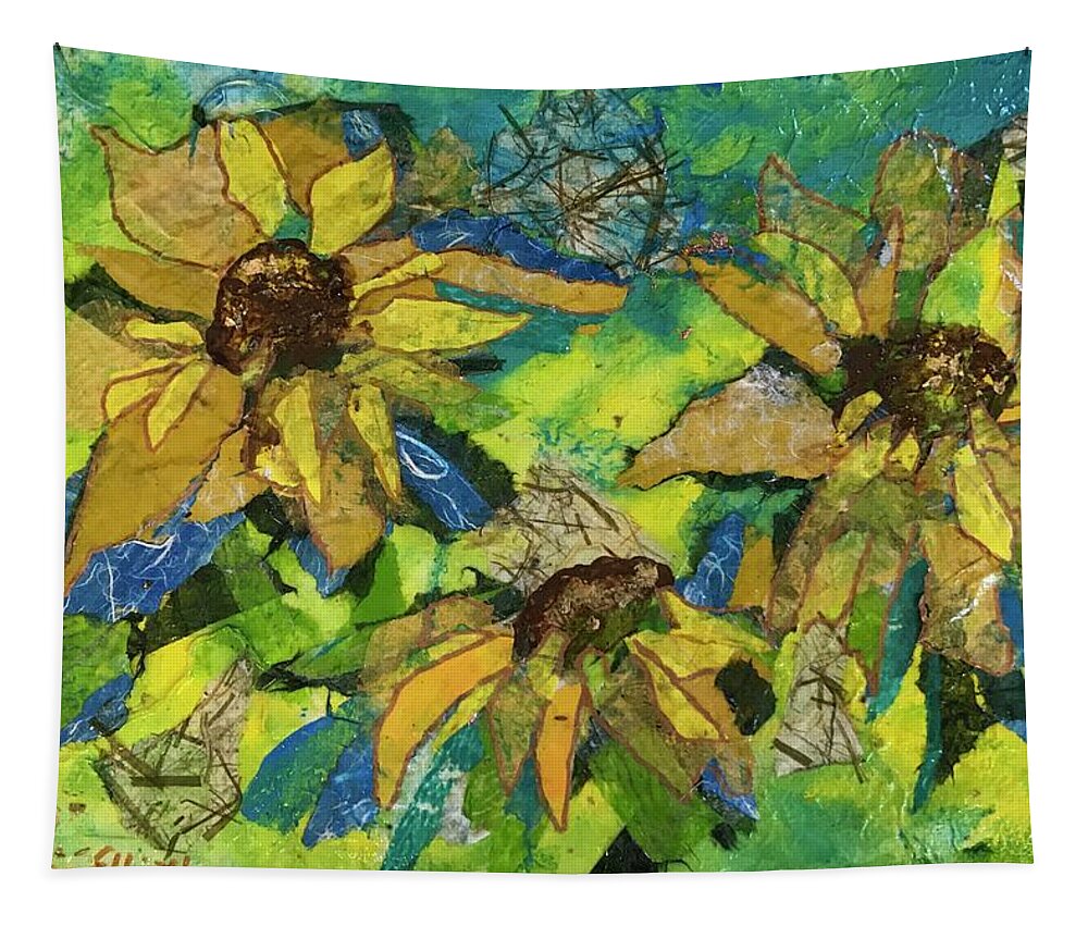 Sunflowers Tapestry featuring the painting Sunflowers by the Sea by Elaine Elliott