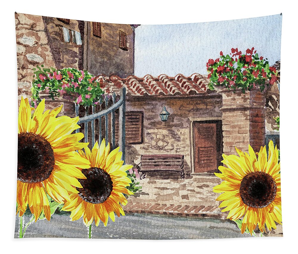 Sunflowers Tapestry featuring the painting Sunflowers Of Tuscany Italy Vintage Town House In The Hills Watercolor by Irina Sztukowski