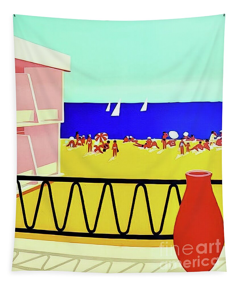 1960 Tapestry featuring the drawing Sunny Beach Bulgaria Travel Poster 1960 by M G Whittingham