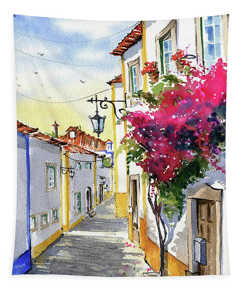 Portugal Tapestry featuring the painting Sunny Day In Obidos Portugal Painting by Dora Hathazi Mendes
