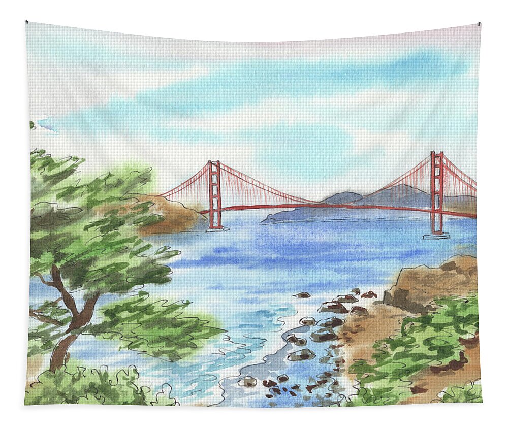 Golden Gate Tapestry featuring the painting Sunny Day In San Francisco Bay Golden Gate Bridge Watercolor by Irina Sztukowski