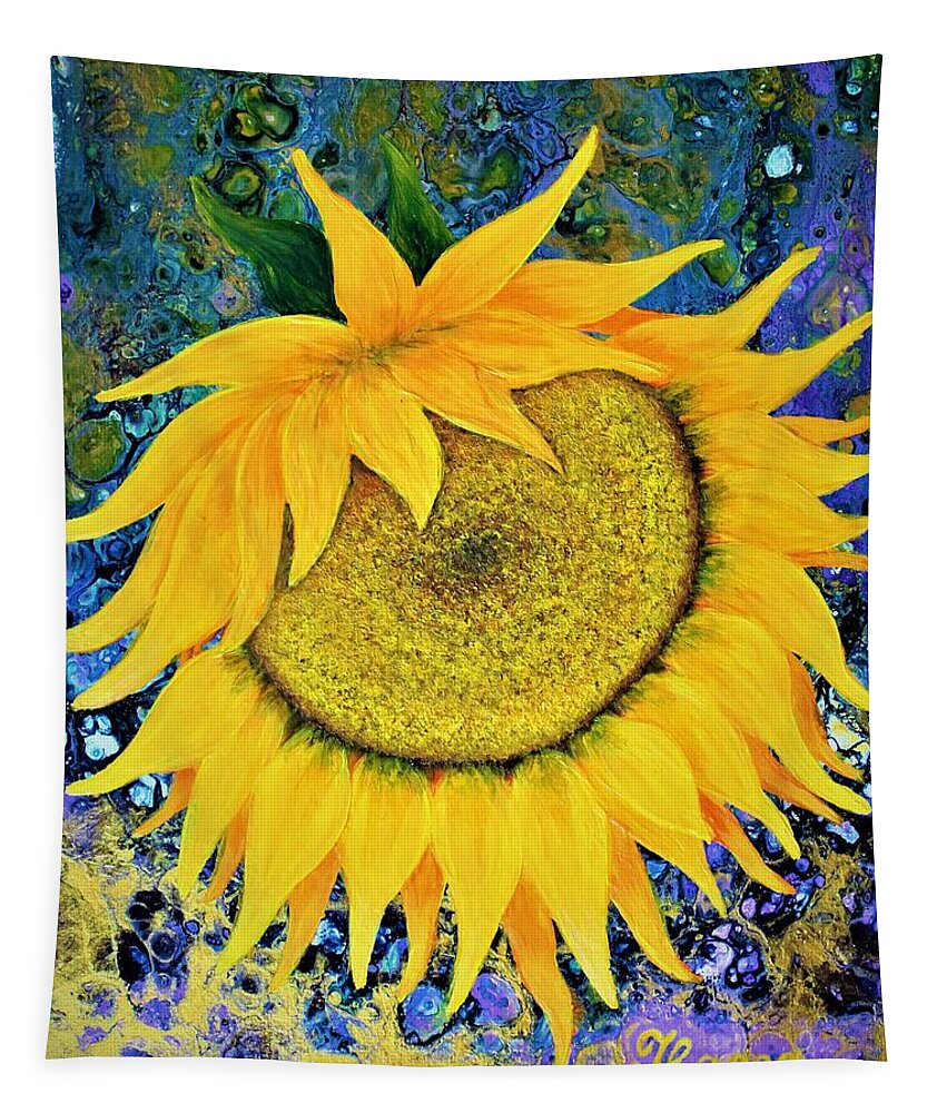 Wall Art Home Decoration Sunflower Flowers Yellow Sunflower Abstract Art Acrylic Painting Pouring Art Pouring Technique Pouring Effects Fluid Art Abstract Pour Mixed Media Gift Idea Yellow Flowers Tapestry featuring the painting Sunny Sunflower by Tanya Harr