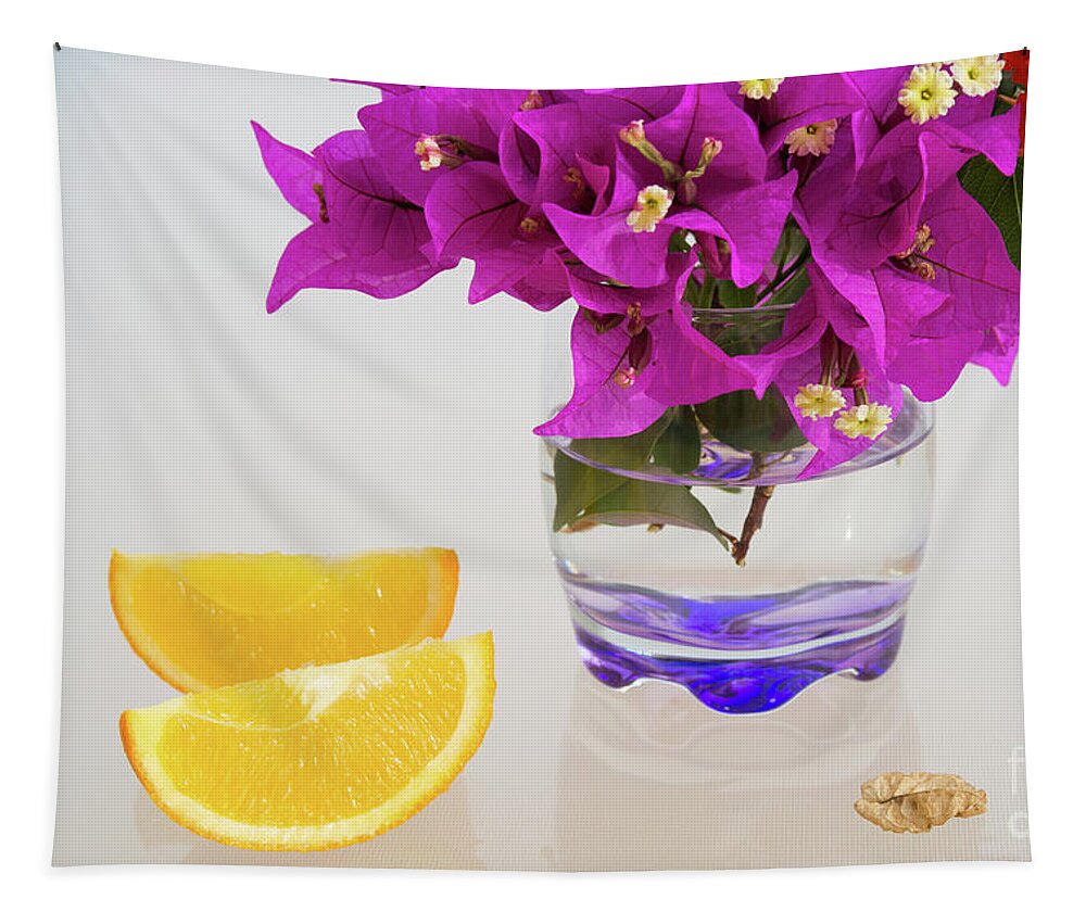 Orange Tapestry featuring the photograph Sunny yellow orange slices and pink flowers by Adriana Mueller