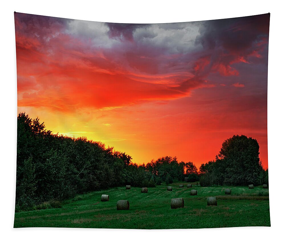Landscape Tapestry featuring the photograph Sunrise and Bales by Dan Jurak