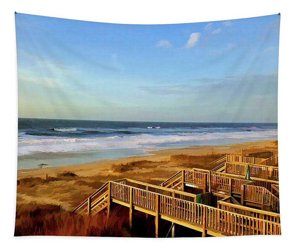 Sunrise Tapestry featuring the photograph Sunrise at Holden Beach North Carolina by Roberta Byram