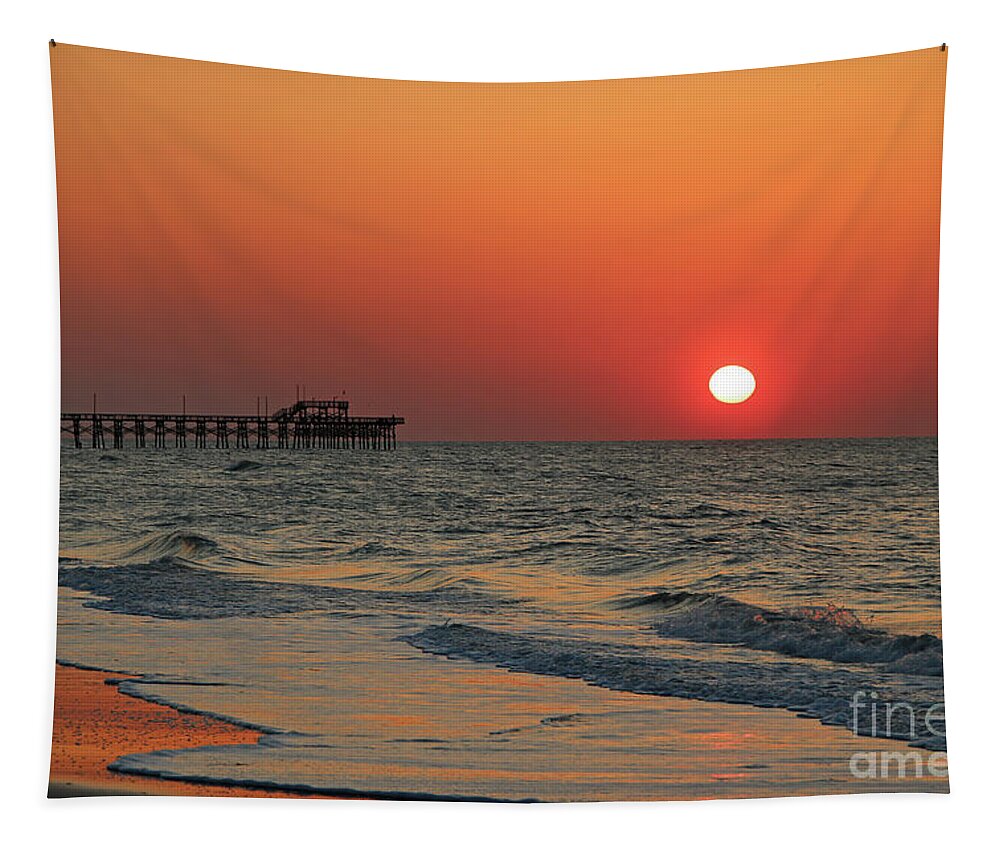 Seaview Tapestry featuring the photograph Sunrise at Seaview Pier North Topsail Island 1280 by Jack Schultz