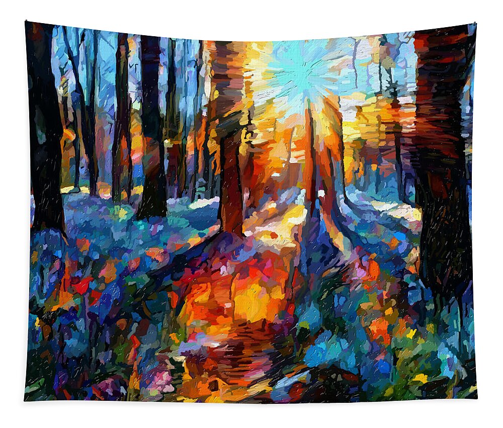 Sunrise Tapestry featuring the mixed media Sunrise in Bluebell Woods by Ann Leech