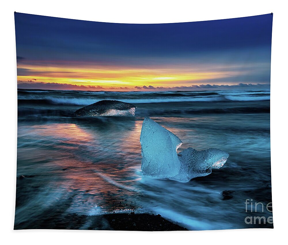 Beach Tapestry featuring the photograph Sunrise on Diamond Beach, Southeast Iceland. by Jane Rix