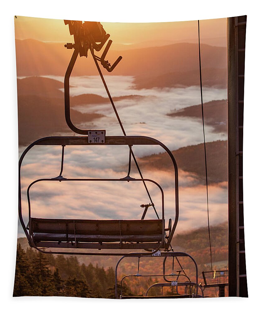 Chair Lift Tapestry featuring the photograph Sunrise on Okemo Mountain by Denise Kopko