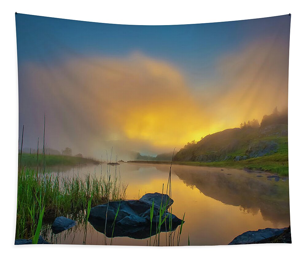 Landscape Tapestry featuring the photograph Sunrise on the lake 1 by Remigiusz MARCZAK