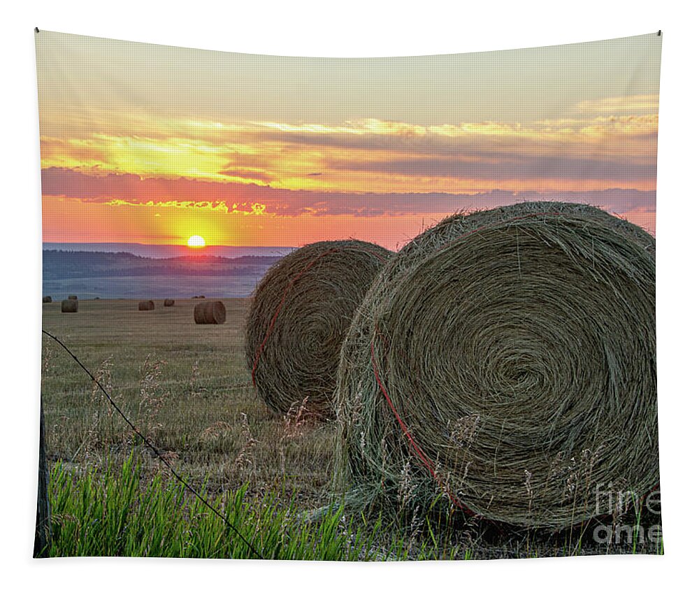 Sunrise Tapestry featuring the photograph Sunrise On The Round Bales by Gary Beeler