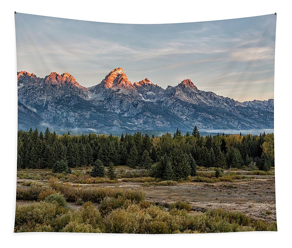 Sunrise Tapestry featuring the photograph Sunrise over the Grand Tetons from Blacktail Ponds Overlook, No. 1 by Belinda Greb