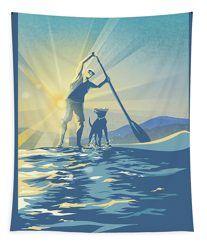 Paddle Boarding Tapestry featuring the digital art Sunrise Paddle Boarder by Sassan Filsoof