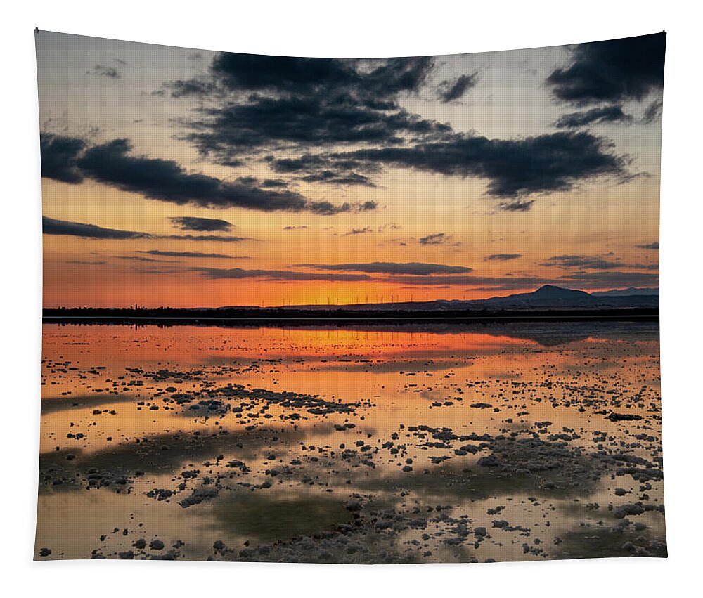 Sunset Tapestry featuring the photograph Sunset and reflections at the lake by Michalakis Ppalis