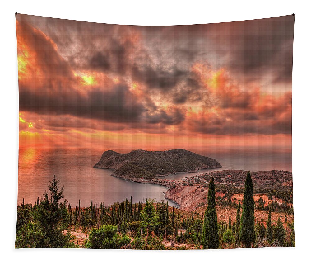 Assos Tapestry featuring the photograph Sunset at Assos in Kefalonia, Greece by Constantinos Iliopoulos