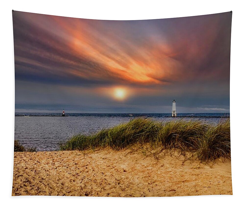 Northernmichigan Tapestry featuring the photograph Sunset at Betsie Harbor Entrance IMG_3653 by Michael Thomas