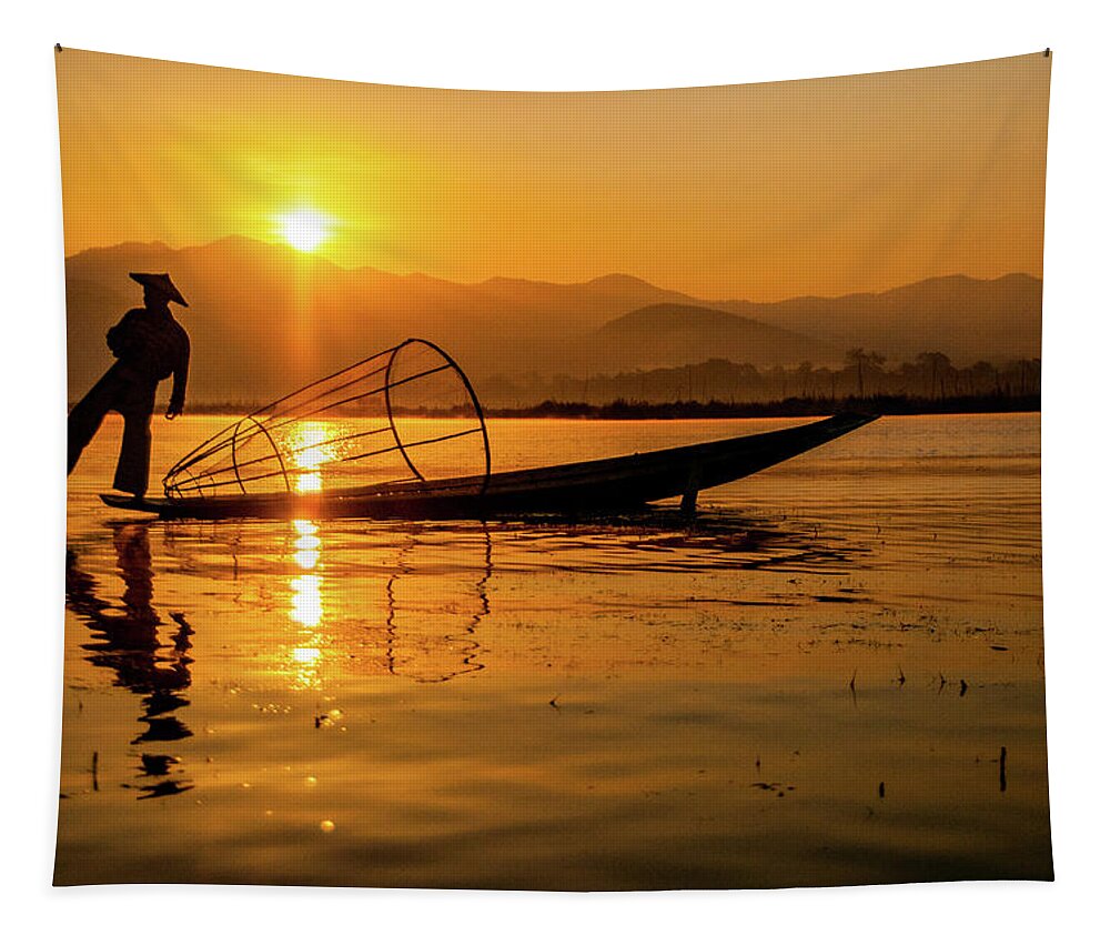 Inlelake Tapestry featuring the photograph Sunset at Inle Lake by Arj Munoz