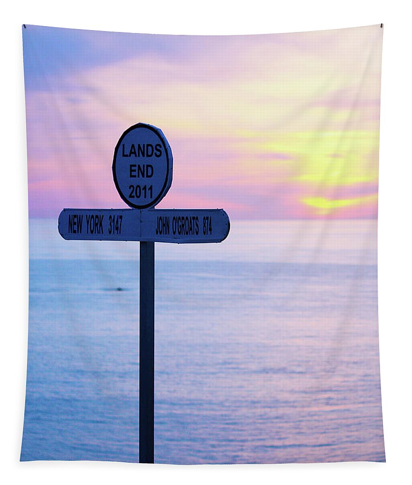 Lands End Tapestry featuring the photograph Sunset at Land's End Sign Post by Terri Waters
