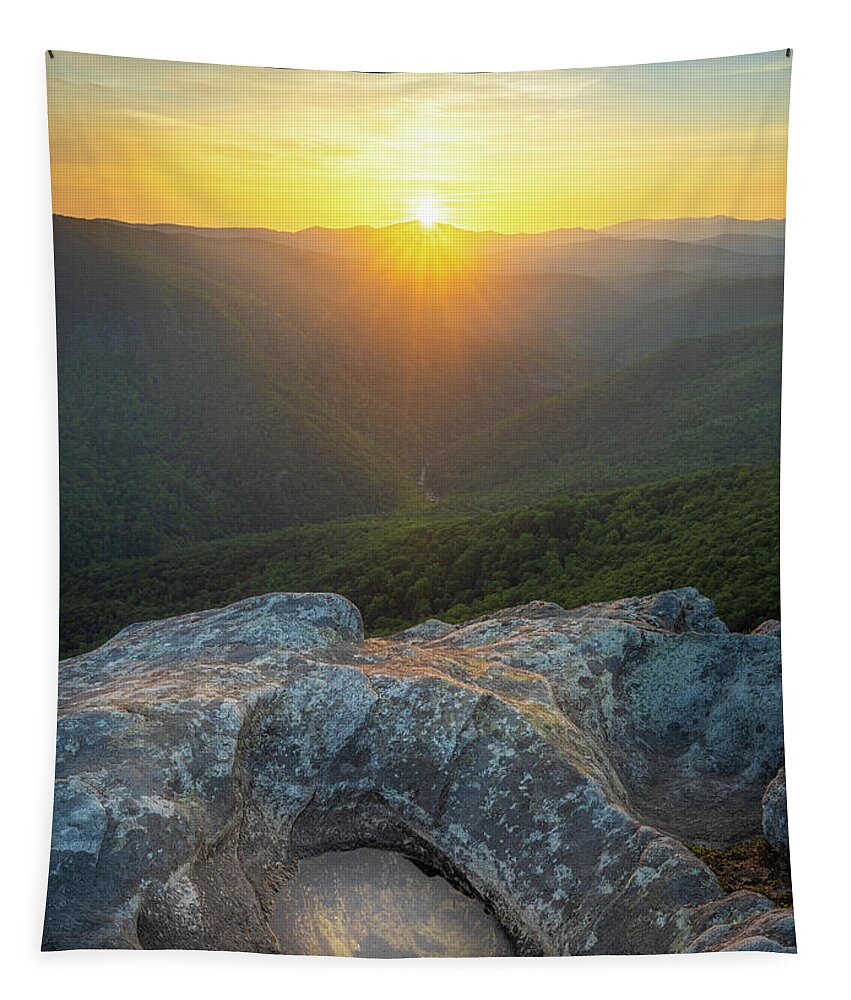 Linville Gorge Tapestry featuring the photograph Sunset At Linville Gorge Hawksbill Mountain North Carolina by Jordan Hill