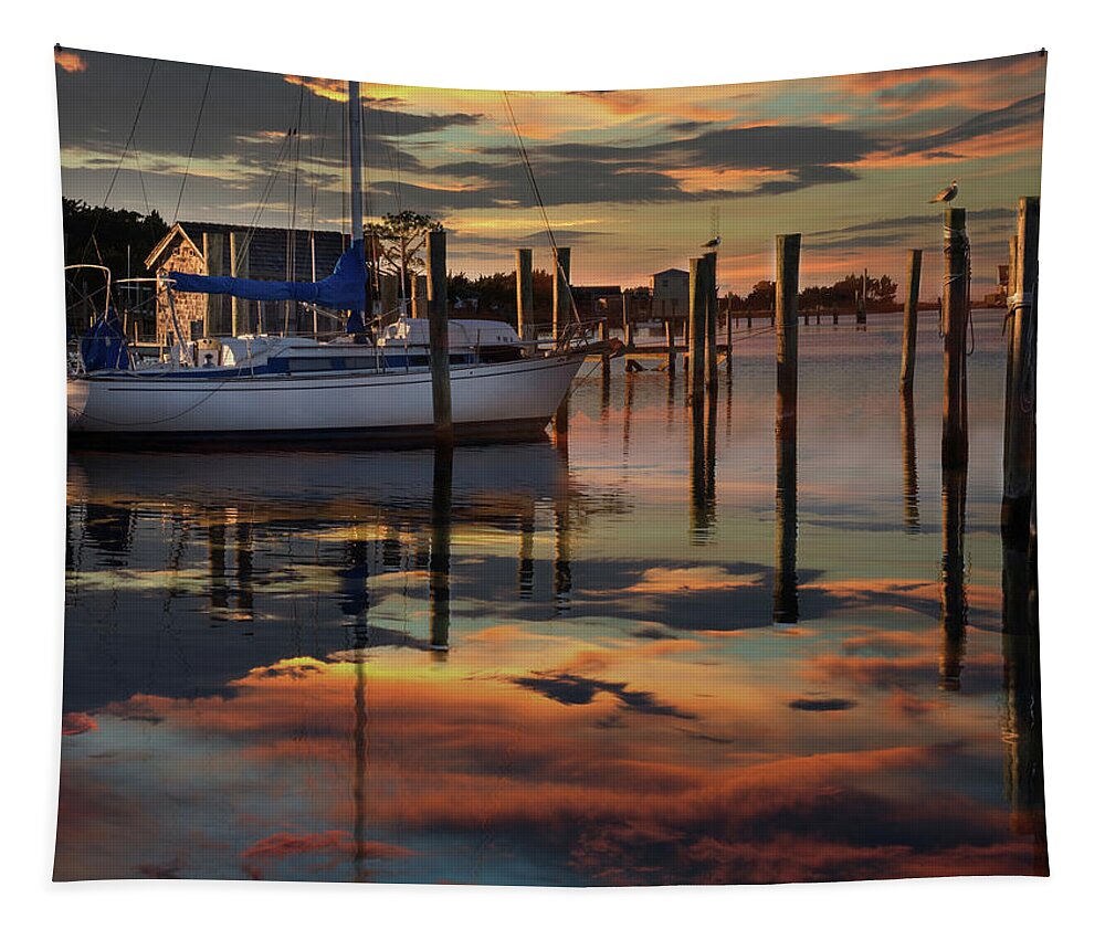 Sunset At Ocracoke Pier Tapestry featuring the photograph Sunset at Ocracoke Pier by James C Richardson
