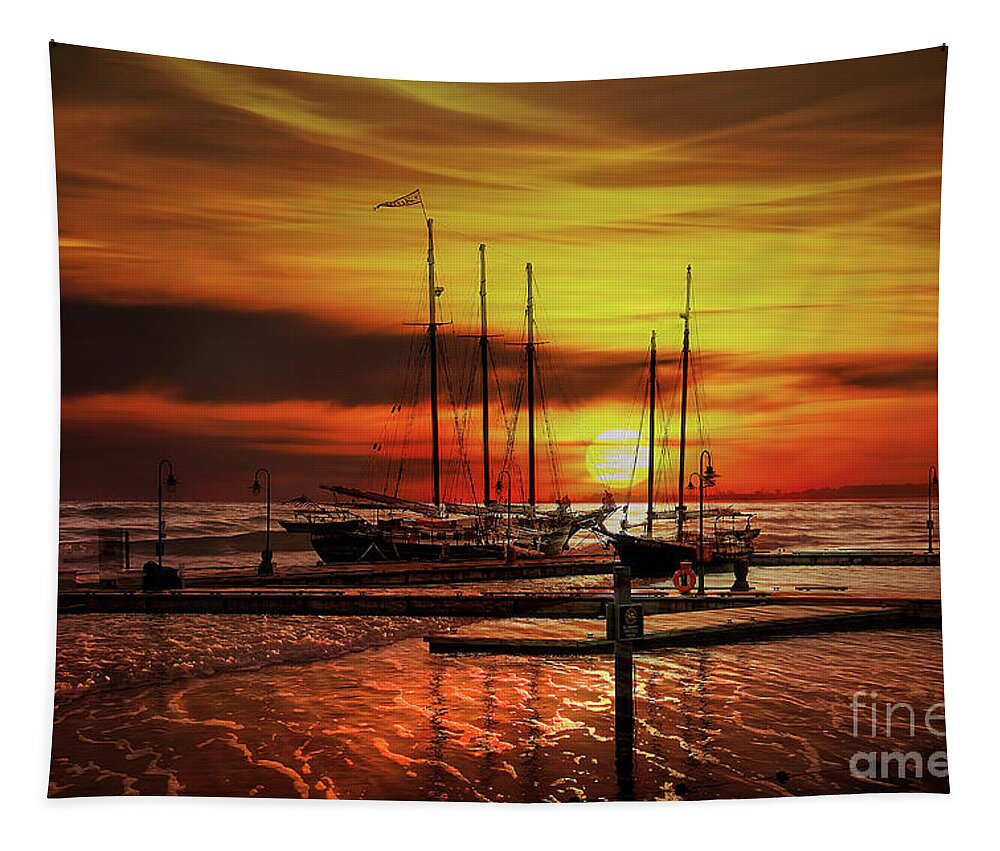 Sun Tapestry featuring the photograph Sunset at Sea by Shelia Hunt