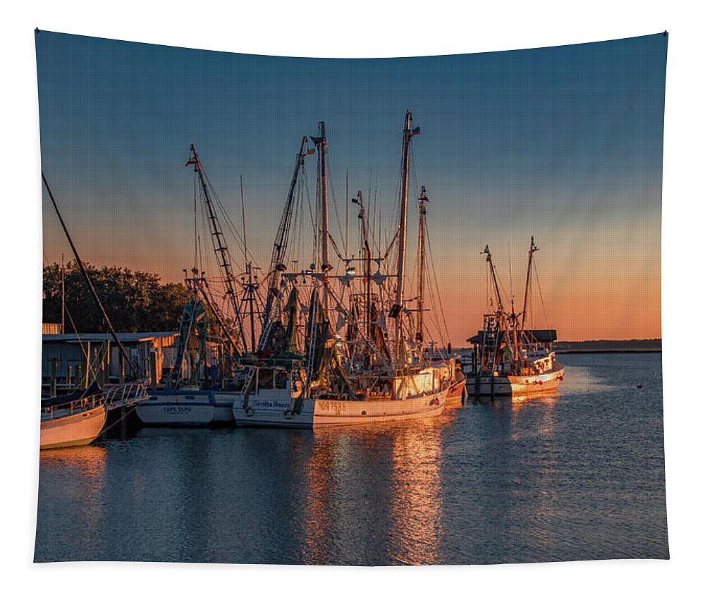 Sunset Tapestry featuring the photograph Sunset at Shem Creek, Charleston by Marcy Wielfaert