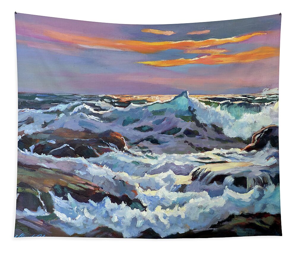 Landscape Tapestry featuring the painting Sunset At The Seacoast by David Lloyd Glover