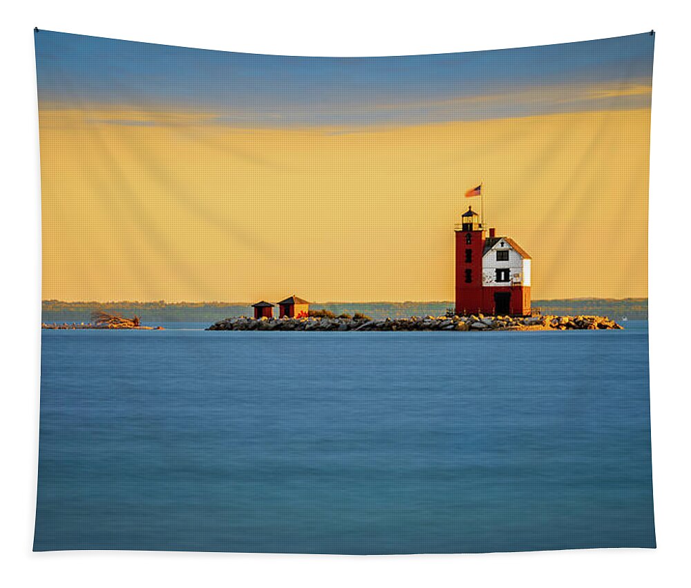 Sunset Tapestry featuring the digital art Sunset at The Straits of Mackinac by Kevin McClish