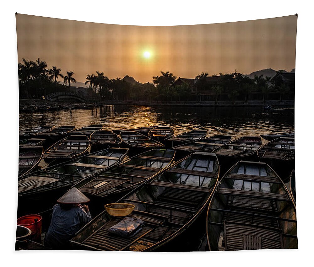 Ba Giot Tapestry featuring the photograph Sunset at Trang An by Arj Munoz