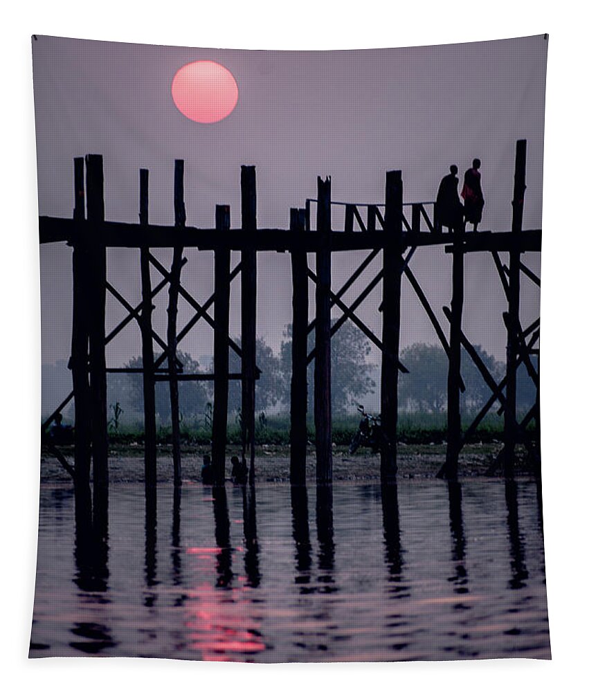 Mandalay Tapestry featuring the photograph Sunset at U-Bein Bridge by Arj Munoz