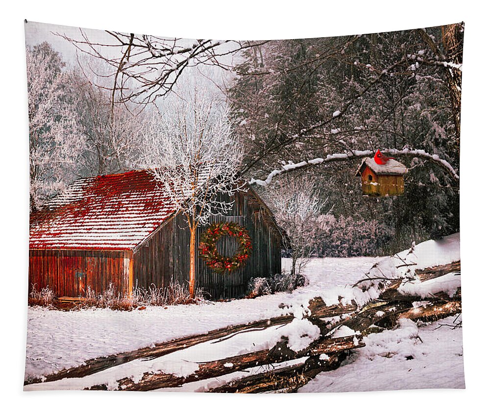 Barn Tapestry featuring the photograph Sunset Barn in the Snow by Debra and Dave Vanderlaan