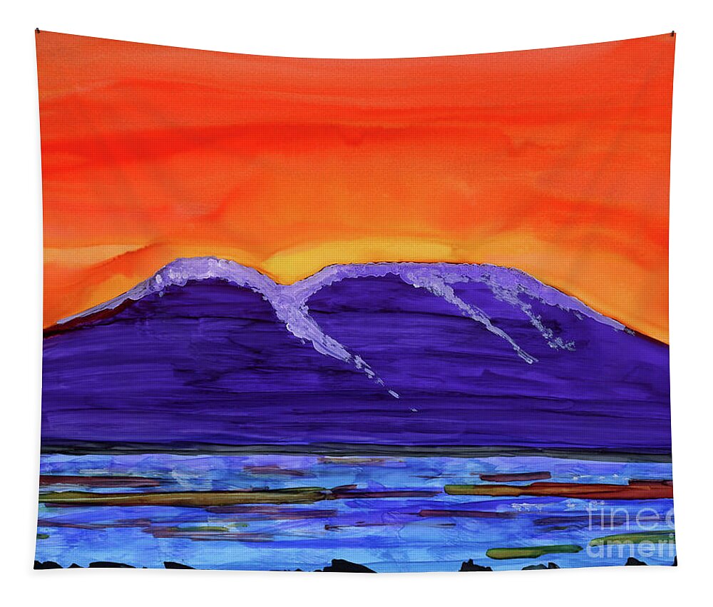 Sunset Tapestry featuring the painting Sunset behind Susitna Mountain by Julie Greene-Graham