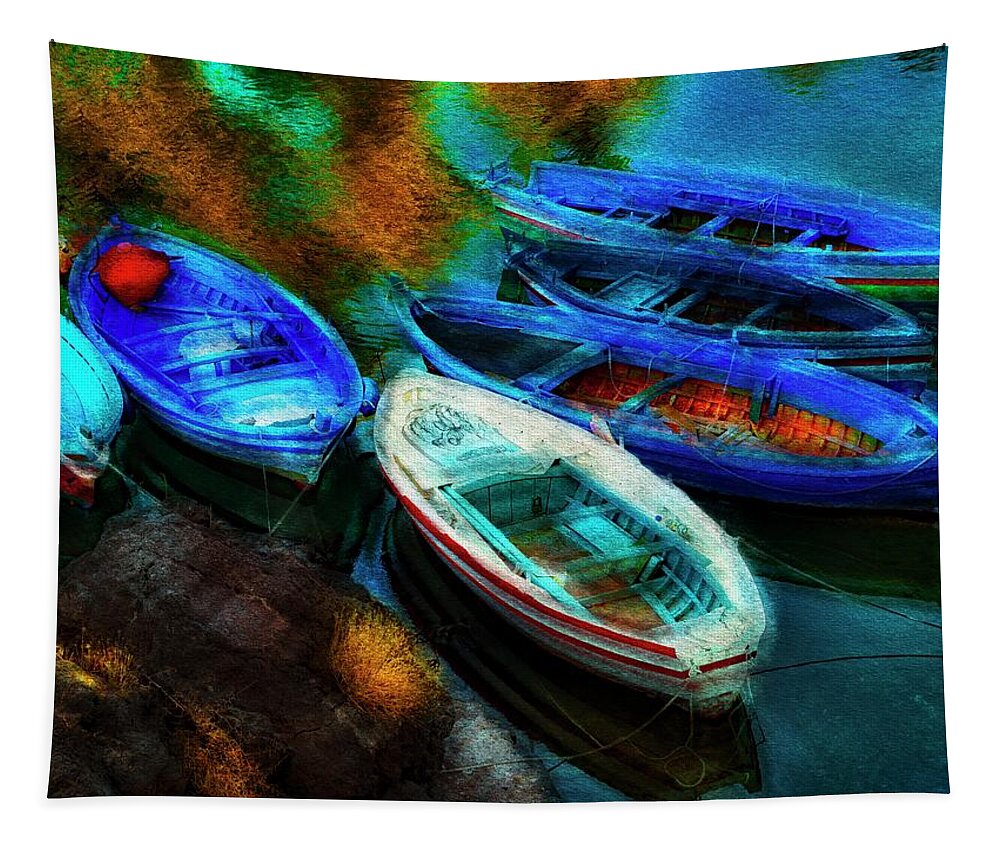 Rowboat Tapestry featuring the photograph Five boats at sunset by Al Fio Bonina
