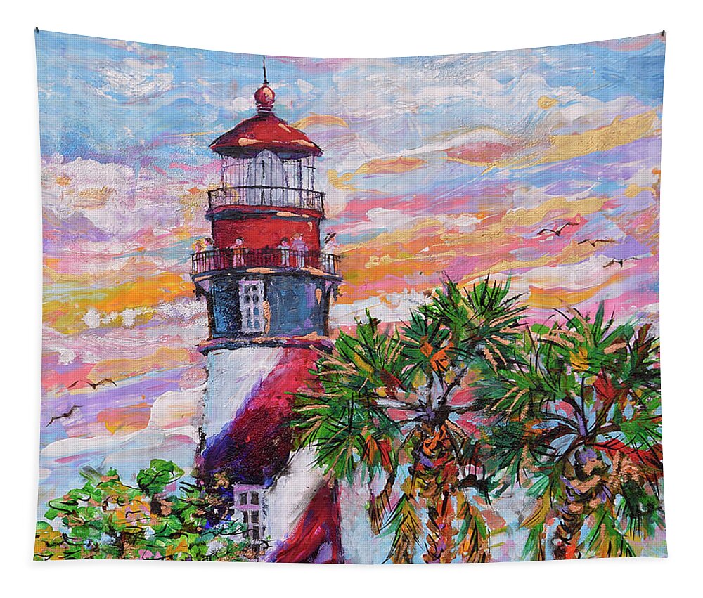 Sunset Glow At Thelighthouse Tapestry featuring the painting Sunset Glow at the Lighthouse by Jyotika Shroff