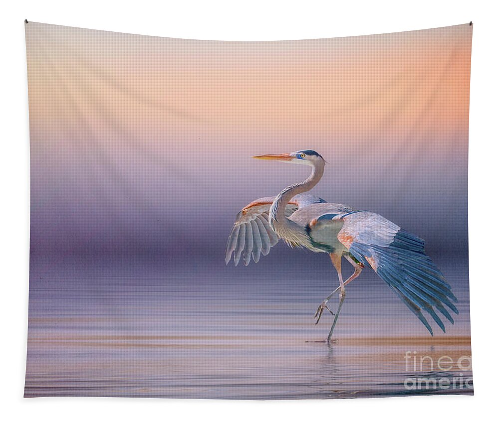 Great Blue Heron Tapestry featuring the digital art Sunset Heron by Brian Tarr