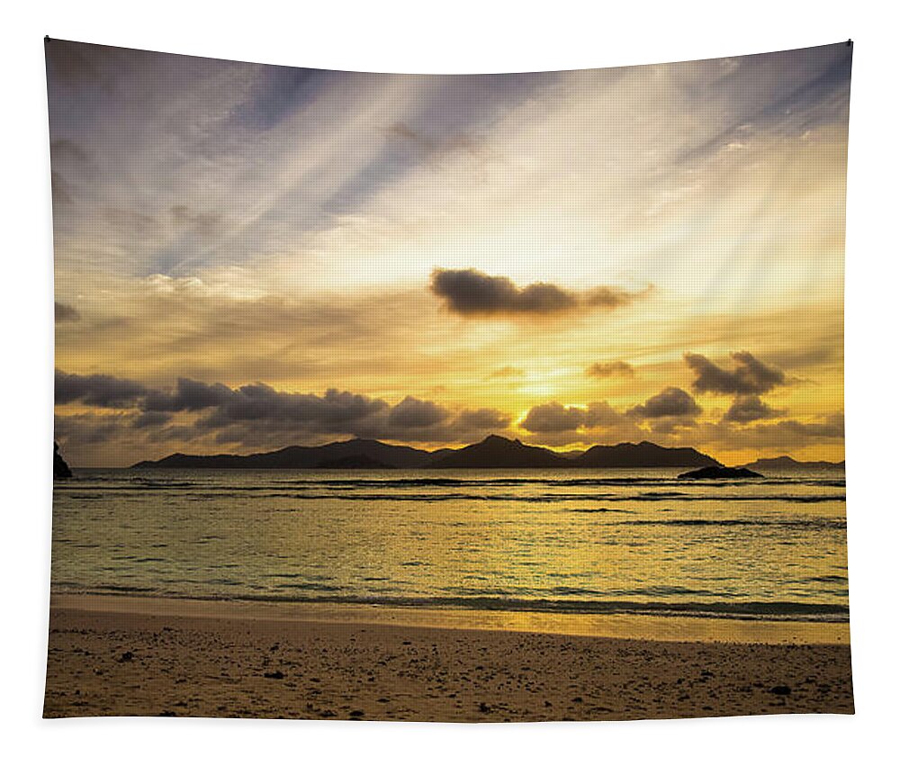Background Tapestry featuring the photograph Sunset in La Digue Seychelles Islands by Jean-Luc Farges