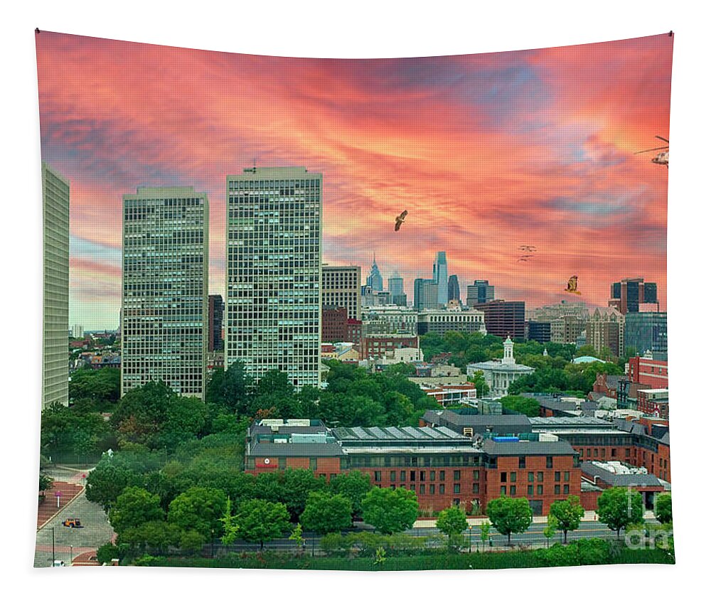 Penn Center Tapestry featuring the photograph Sunset in Philadelphia by David Zanzinger
