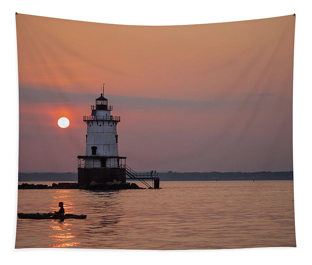 Lighthouse Tapestry featuring the photograph Sunset Kayaker by Conimicut Lighthouse by Denise Kopko