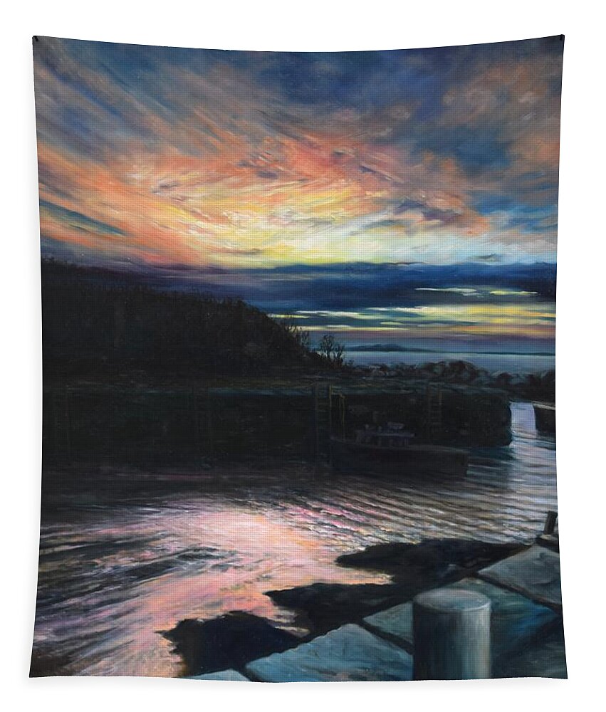 Sunset Tapestry featuring the painting Sunset, Lanes Cove, Gloucester by Eileen Patten Oliver