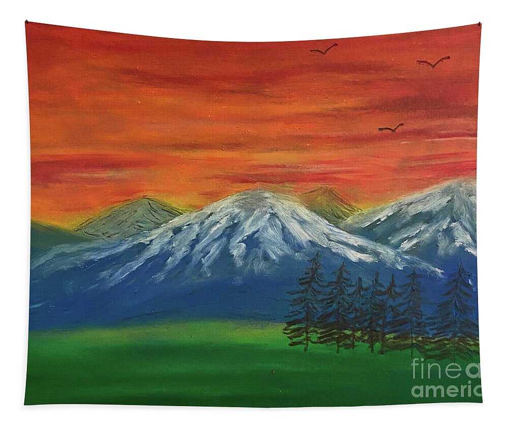 Sunset Tapestry featuring the mixed media Sunset Mountains by Lisa Neuman