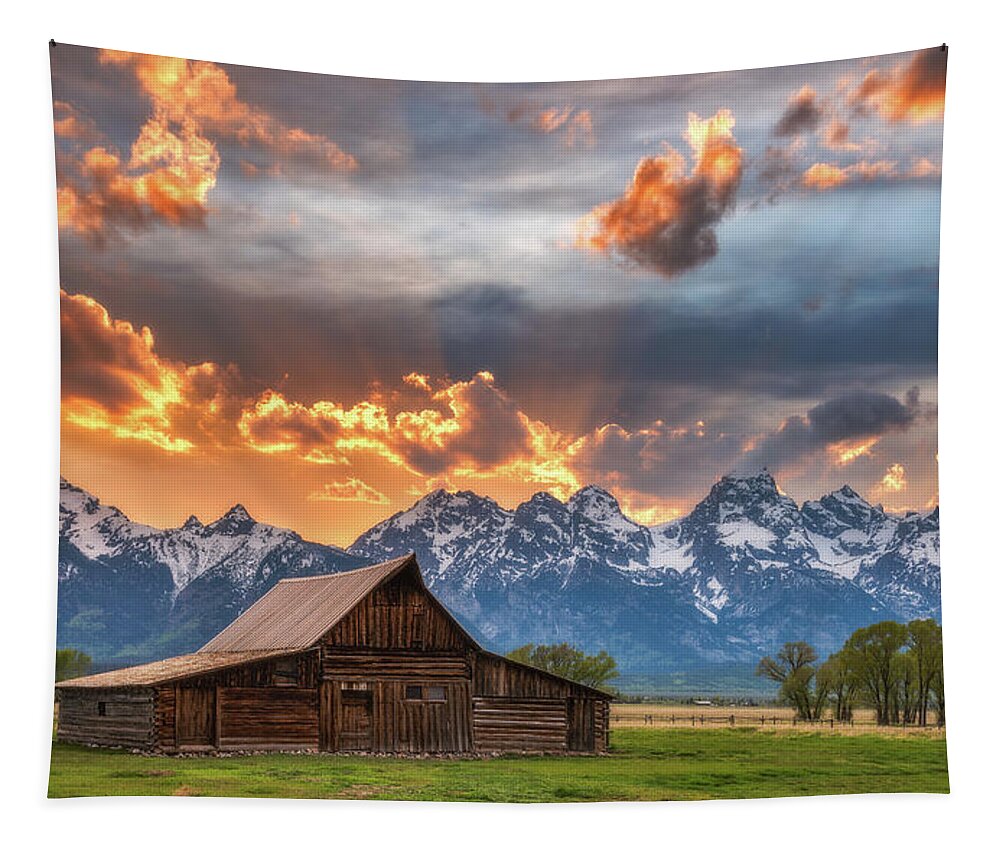 Sunset Tapestry featuring the photograph Sunset on Fire - Moulton Barn by Darren White