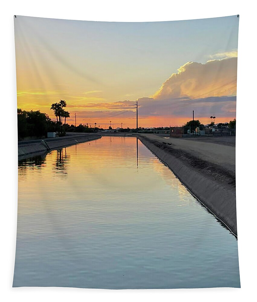Sunset Tapestry featuring the photograph Sunset on the Arizona canal by Grey Coopre