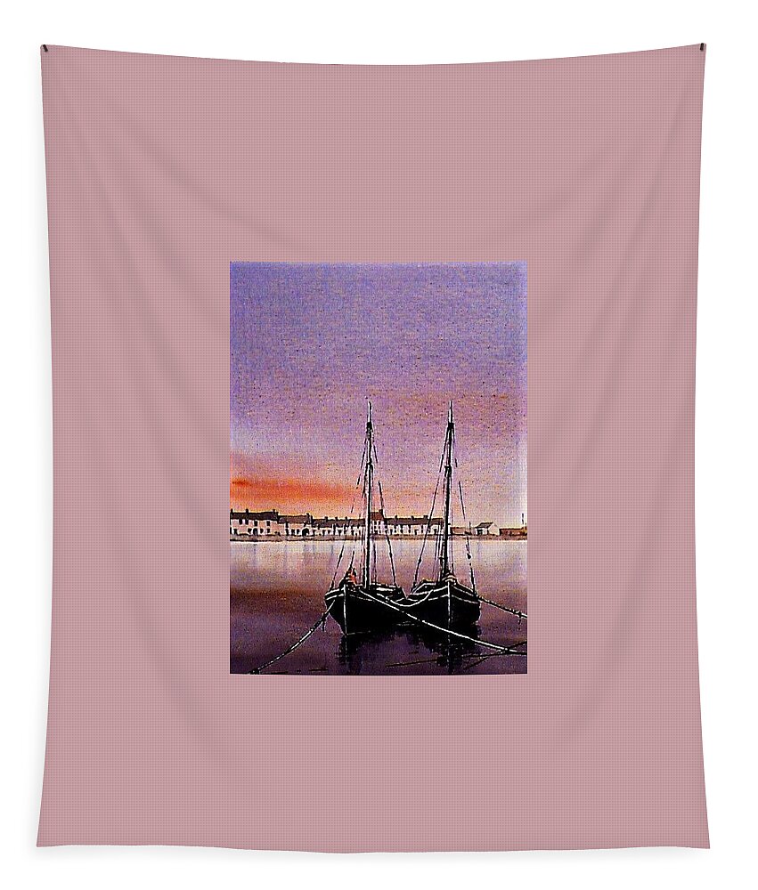  Tapestry featuring the painting Sunset on the cladagh Galway by Val Byrne
